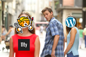 that meme of the guy looking back but the woman he's with is wordpress, and the woman he's looking at is neocities and 11ty.